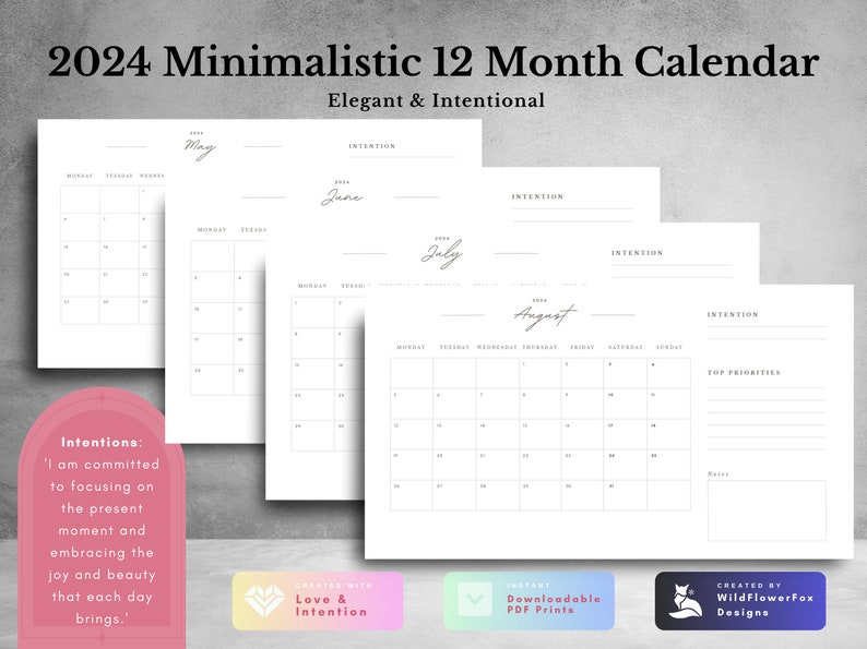 2024 Minimalist 12 Month Printable Calendar A4 PDF Elegant Etsy