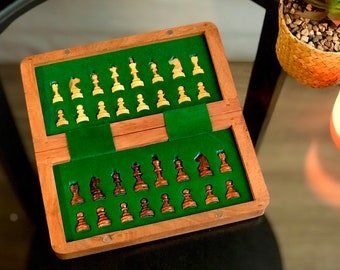Magnetic Handmade Wooden Mini Chess Set, Unique Small Magnetic Chess Board, Best Gift for Father, Dad, Grandfather | 7.3x7.3 or 11.8x11.8in