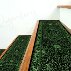 Boho Style Schwarz und Grün Farbe Treppen Teppich, Cooler Treppenstufen Teppich, Orientalische Treppenmatte, Rutschfeste Rückseite Moderner Stufen Teppich, Ästhetische Stufenmatte