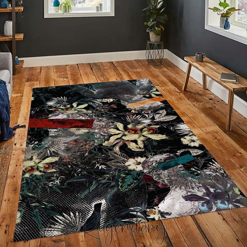 Retro Style Floral Rug, Abstract Carpet, Living Room Mat, Leaf Decor, Flowers Rug image 2