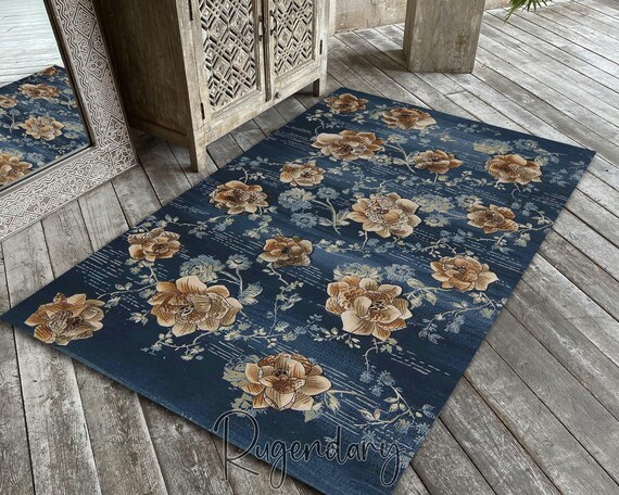 Rose Pattern Rug, Retro Style Modern Carpet, Rustic Home Decor, Floral Printed Rug