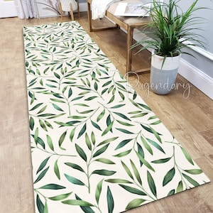 Green Leaves Pattern Runner Rug, Tropical Kitchen Carpet, Summer House Decor, Cool Hallway Runner Rug, Botanical Leaf Carpet