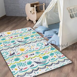 Sea Boat Anchor and Fish Themed Decorative Baby Room Carpet, Machine Washable Nonslip Soft Nursery Rug, Children Room Decor, Baby Gift