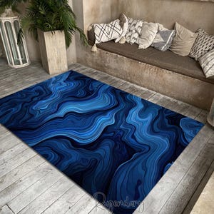 Blauer Abstrakter Teppich, Teppich mit Topografischen Muster, Moderne Kunst Matte, Wellenliniendekor