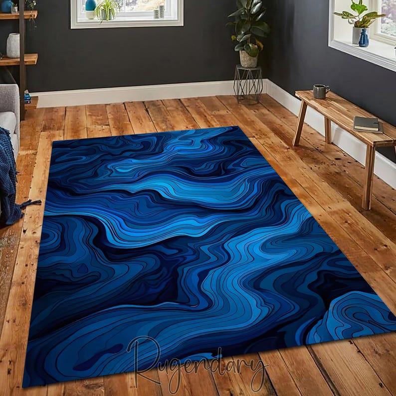 Topography Rug Pattern Blue Abstract Rug, Topographic Pattern Carpet, Modern Art Mat, Wavy ...