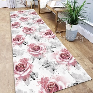Pink Rose Kitchen Runner Rug, Soft Carpet for Entryway, Custom Size Hallway Rug, Flowers and Leaves Decor