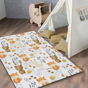 Tapis aquarelle animaux de la forêt : renard, tapis de chambre de bébé lapin image 1