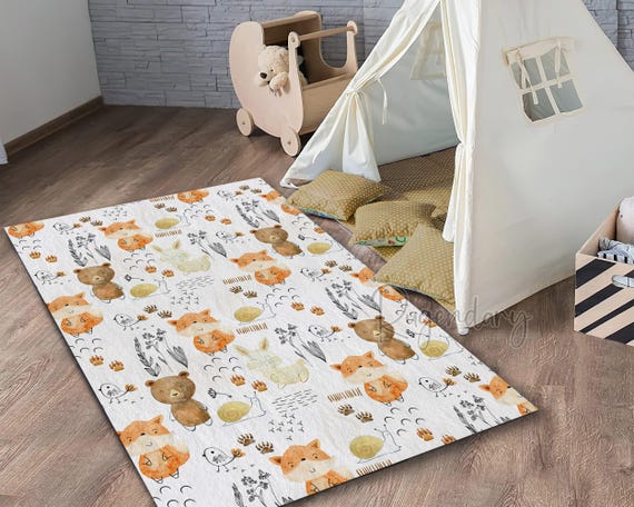 Watercolor Forest Animal Rug: Fox, Rabbit Nursery Carpet