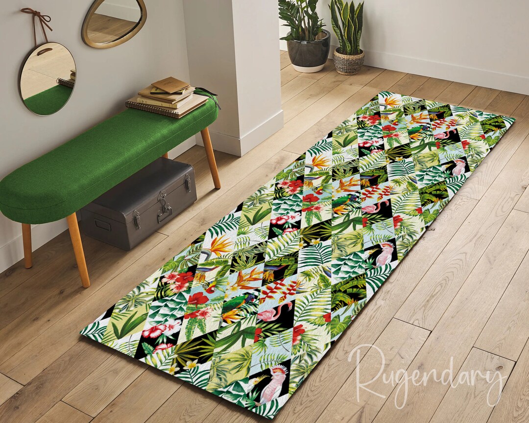 Tropical Pattern Runner Rug, Flamingo, Parrot, Flower Carpet, Tile