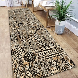 Hawaiian Style Tapa Motif Rug, Tribal Runner Rug, Ethnic Decor, Machine Washable Soft Hallway Carpet, Nonslip Ethnic Kitchen Carpet