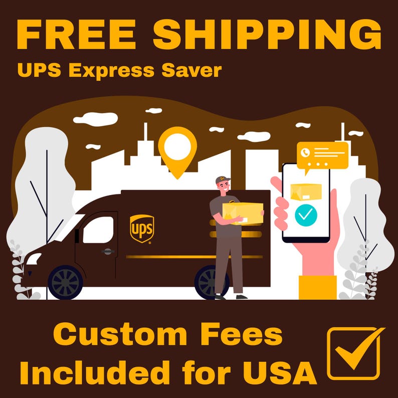 The image is an advertisement for UPS Express Saver, which offers free shipping for customers in the USA. It features a UPS delivery truck, a person holding a package, and a smartphone displaying a shipping notification. The text "FREE SHIPPING" and "UPS Express Saver" are prominently displayed, along with the offer of "Custom Fees Included for USA".