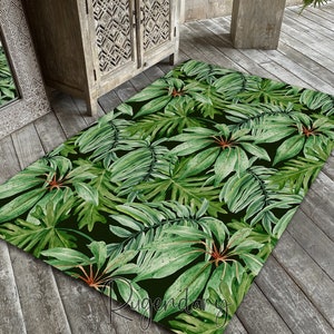 Green Palm Leaves, Tropical Decor, Botanic Mat, Coastal Sea Carpet, Leaf Pattern, Living Room Rug, Kitchen Mat