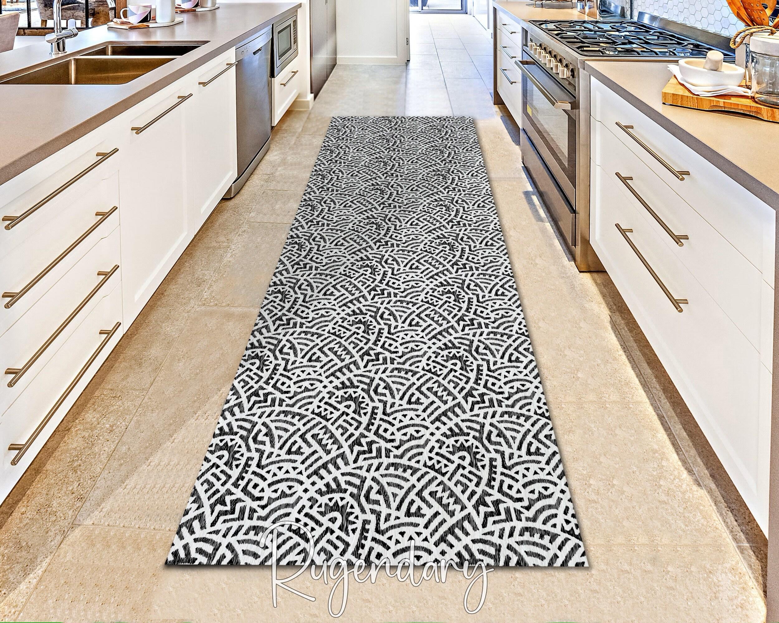 Black and White Geometric Runner Rug: Boho Line Art, Washable