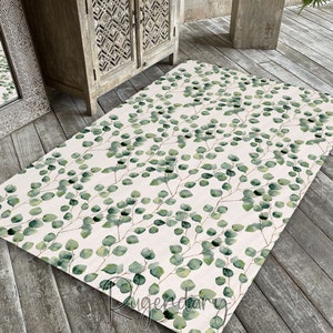 Watercolor Green Eucalyptus Leaves Themed Floral Area Rug, Botanic Decor, Non-slip Machine Washable Carpet
