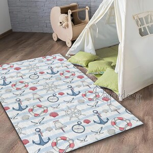 Nautical Rug for Boys Room, Seagulls, Lifebuoys, Anchors, Seashells Themed Nursery Carpet, Baby Room Ocean Decor, Baby Shower Gift