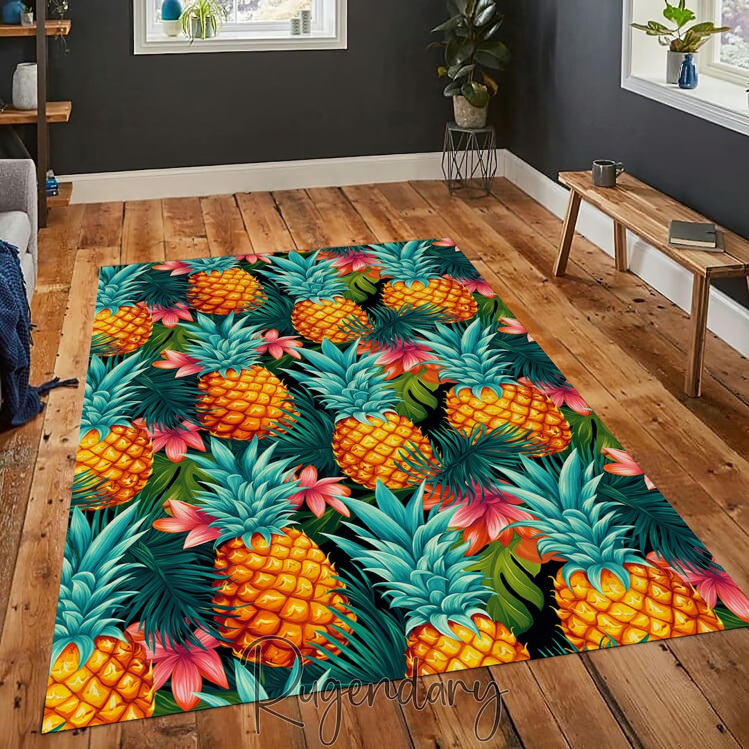 Pineapple Rug Wool Pineapple Rug: Tropical Fruit & Monstera Leaf Kitchen Carpet - Etsy