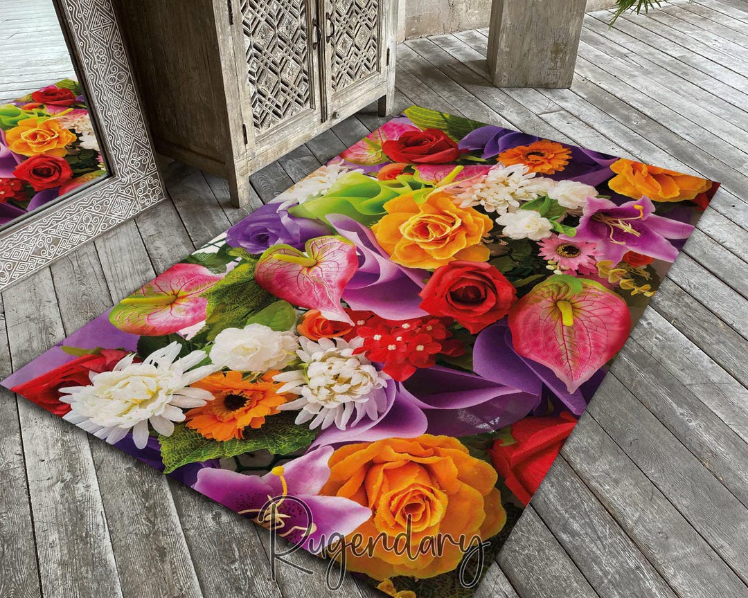Colorful Floral Themed Rug, Flower Carpet, Doormat, Tropical Decor ...