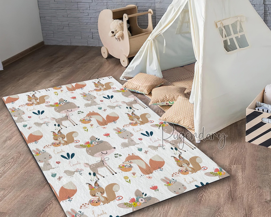 Animal Print Nursery Rug: Deer, Rabbit, Squirrel Pattern Play Mat - Etsy UK