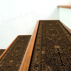 Tapis d'escalier de style bohème de couleur noire et bronze, tapis de marche d'escalier cool, tapis d'escalier oriental, tapis de marche moderne avec support antidérapant, tapis de marche esthétique