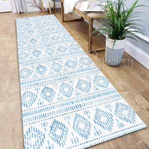 Boho Style Kitchen Blue Runner Rug, Geometric Tribal Carpet for Hallway, Bohemian Home Decor