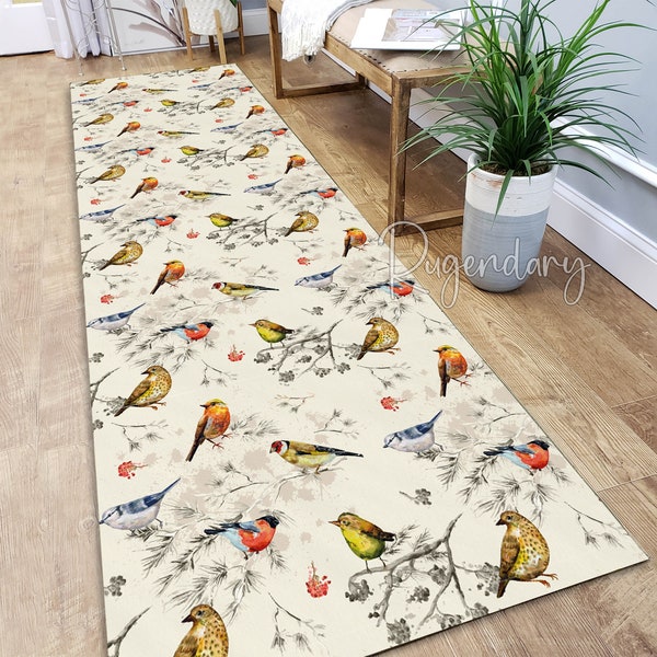 Watercolor Birds Runner Rug for Hallway, Decorative Kitchen Runner Rug, Washable Custom Size Runner Rug, Bird Decor, Boho Kitchen Carpet