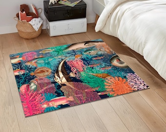 Underwater Sea Life Rug Ocean Animal Carpet Colorful Marine Art Area Rug Whimsical Sea Creatures Decor