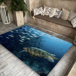 Fish Rug, Ocean Carpet, Sea Mat, Water Turtle Rug, Beach Carpet, Summer House Gift