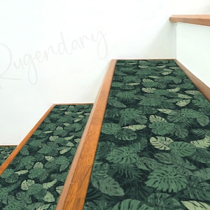 Tropical Palm Leaves Stair Rug, Green Stair Tread Carpet, Abstract Stair Step Mat, Botanic Decor, Coastal Step Rug