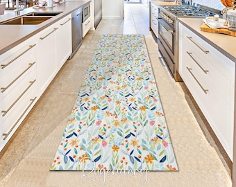 Pastel Floral Runner Rug: Boho Kitchen Hallway Carpet