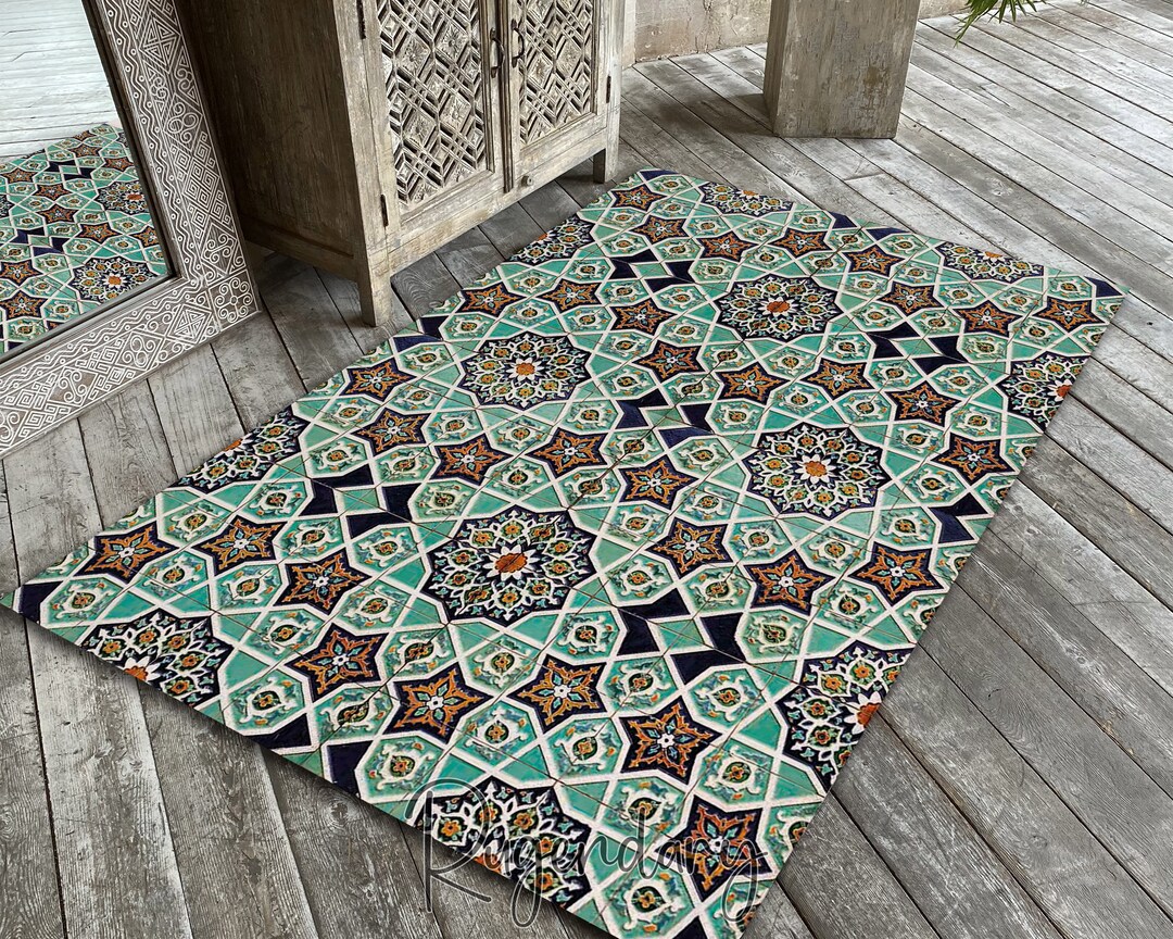 Turquoise Color Tile Rug, Mosaic Pattern Rug, Marble Mat, Trendy Home ...