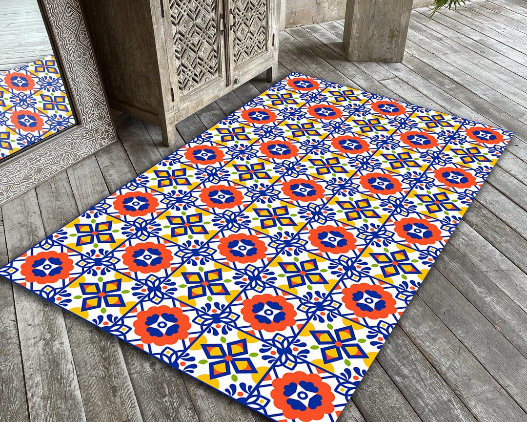 Mediterranean Tile Pattern Rug: Colorful Boho Carpet for Living Room ...