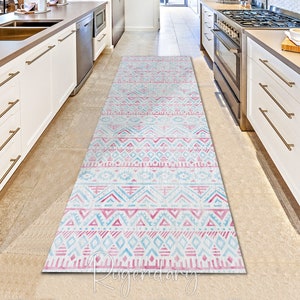 Bohemian Geometric Runner Rug, Ethnic Kitchen Carpet, Tribal Decor, Pastel Color Decorative Boho Rug, Hallway Carpet, Entryway Runner Rug