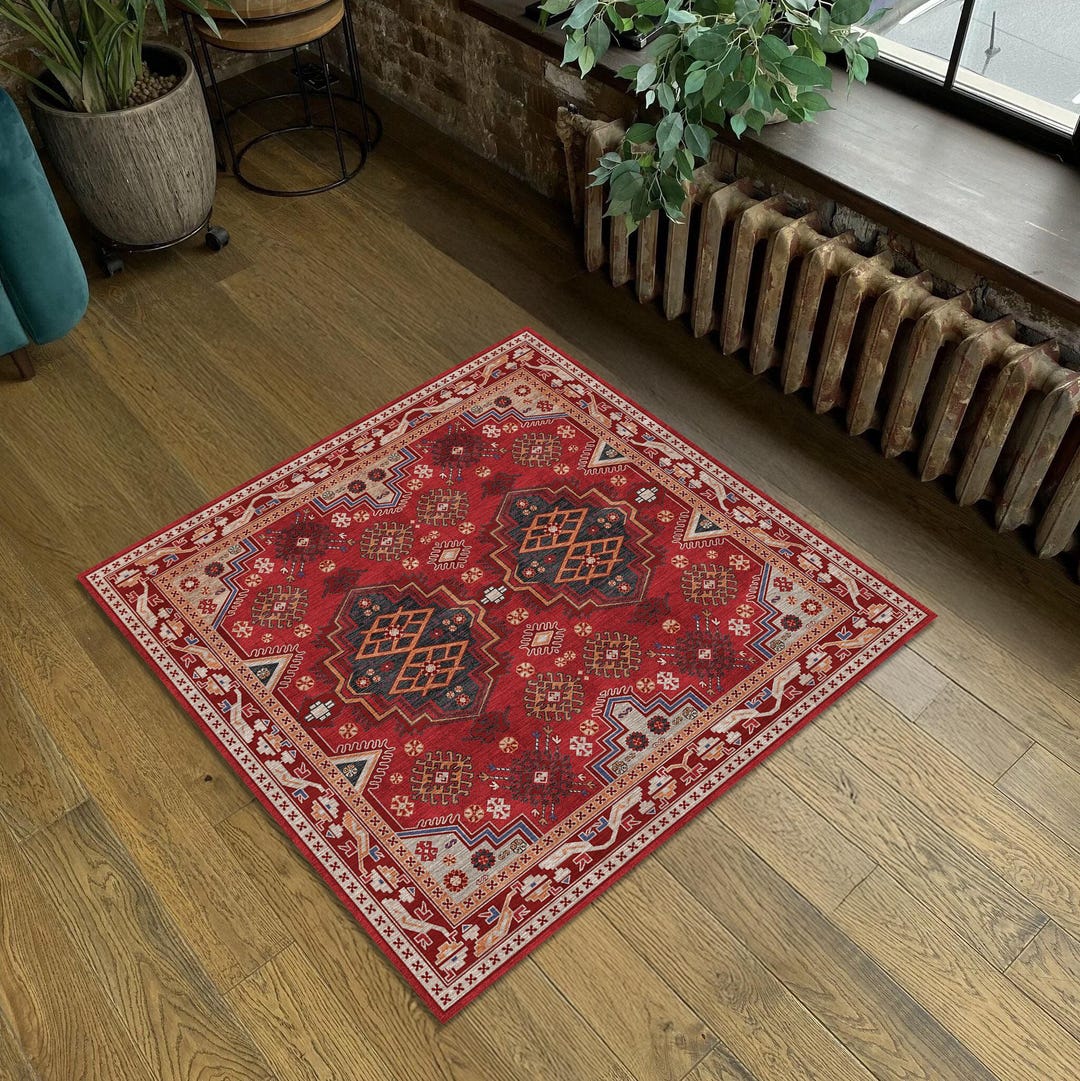 Red Square Rug Texture Tribal Red Square Rug Rustic Oriental Carpet - Etsy