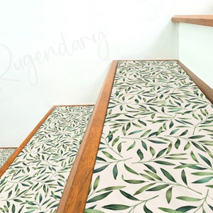 Green Leaves Pattern Botanical Stair Rug, Tropical Stair Tread Carpet, Summer House Decor, Cool Stair Mat, Stylish Step Mat