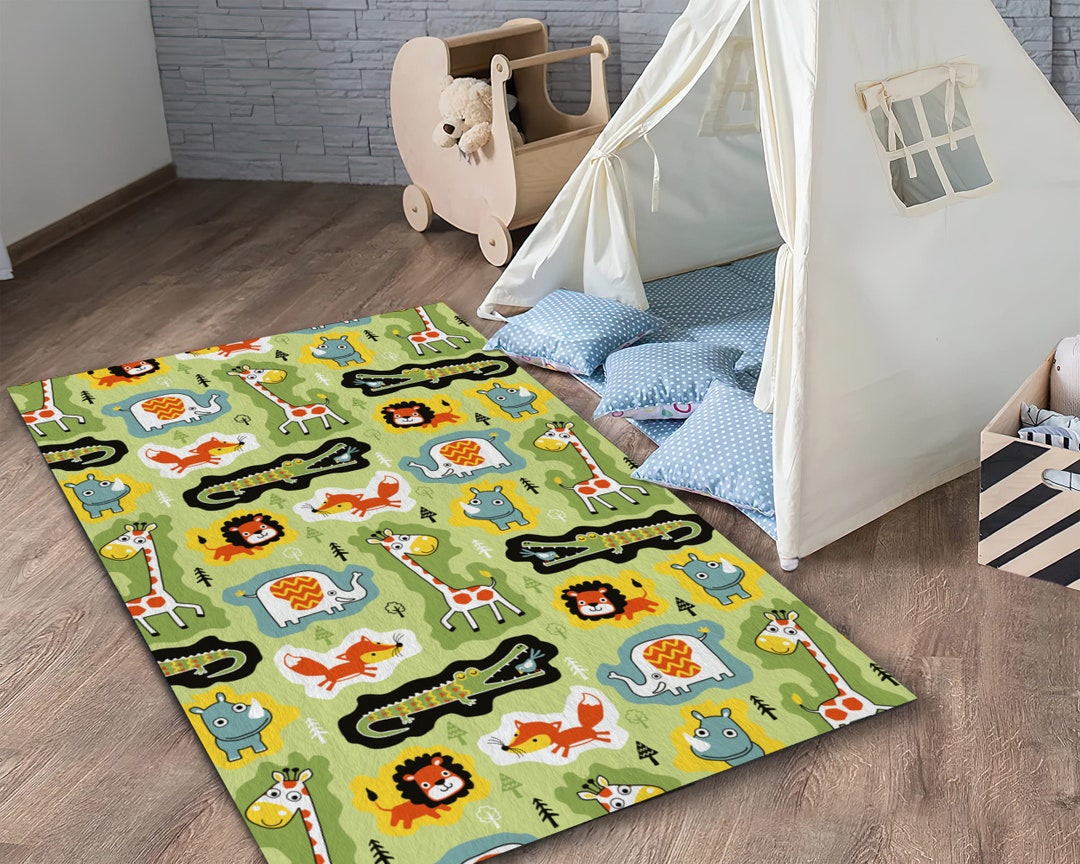 Zoo Safari Animal Pattern Green Color Children Room Rug, Baby Shower Games Mat, Ultra Soft Kids