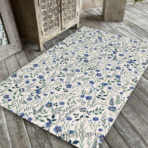 Blauer Blumenteppich, Blumenteppich, Blumenteppich, Blumenteppich für Wohnzimmer, Küche, Schlafzimmer