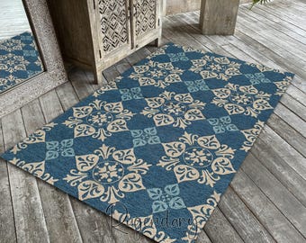 Tile Motif Rug: Modern Mosaic Pattern, Boho Home Decor