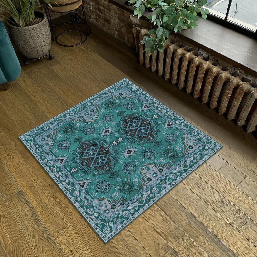 Square Rug Green Tribal Green Square Rug Rustic Oriental Carpet - Etsy UK