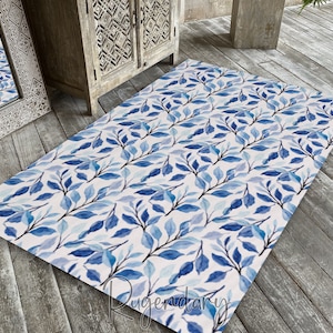 Blue Leaves Watercolor Floral Rug, Summer Decoration, Cool Kitchen Carpet, Flower Mat for Living Room, Bedroom Rug, Botanic Decor