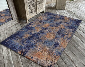 Blue Abstract Area Rug, Modern Living Room Carpet