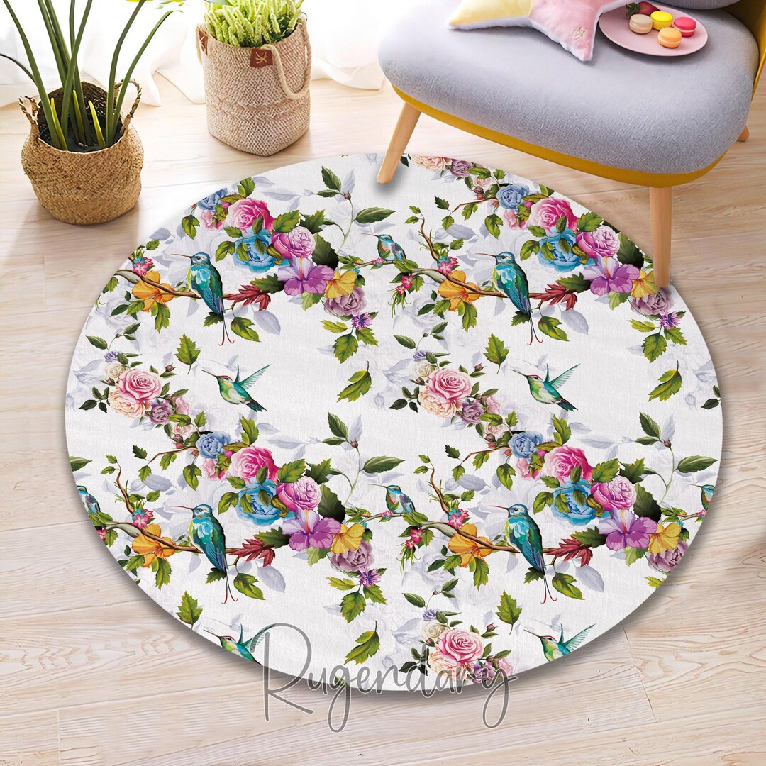 Round Hummingbird Rug Hummingbird Floral Rug: Non-slip Colorful Flower Carpet - Etsy