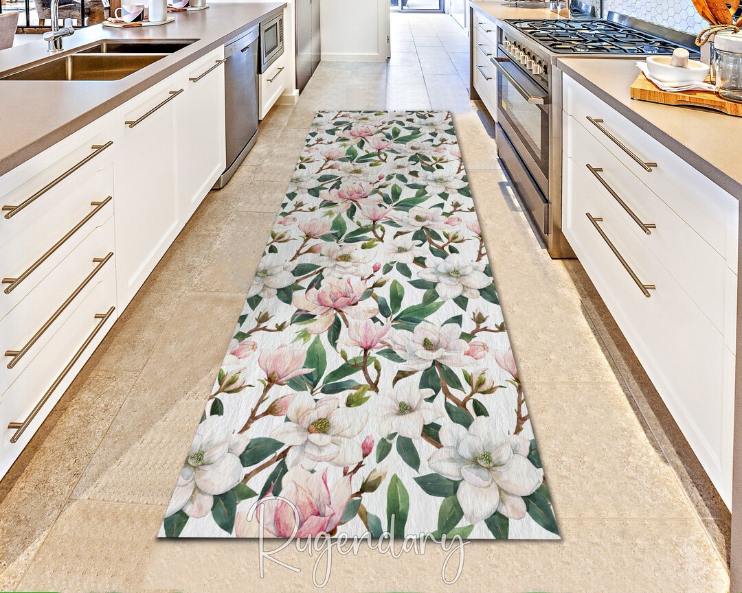 White and Pink Magnolia Flower Rug, Floral Kitchen Runner Rug