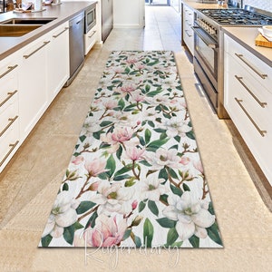 White and Pink Magnolia Flower Rug, Floral Kitchen Runner Rug, Watercolor Botanical Mat, Decorative Hallway Carpet, Entryway Rug