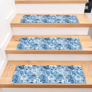 Blue Boho Stair Rug, Ceramic Tile Pattern Stair Treads Carpet, Nonslip Backing Step Mat, Stylish Stair Mat, Modern Bohemian Stair Rug