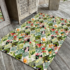 Tapete Tropical Patchwork: Padrão Flamingo, Tapete Lavável e Antiderrapante
