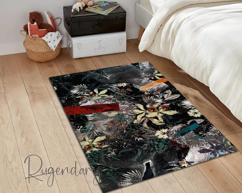 Retro Style Floral Rug, Abstract Carpet, Living Room Mat, Leaf Decor, Flowers Rug image 3
