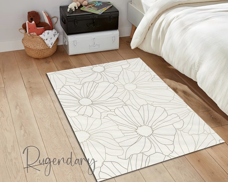 Floral Themed Rug, Modern Bedroom Carpet, Flower Entryway Mat, Minimal