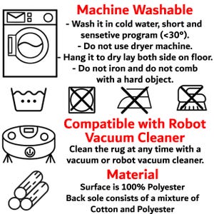 instructions for washing and maintaining a machine, as well as information about a compatible vacuum cleaner and a material.