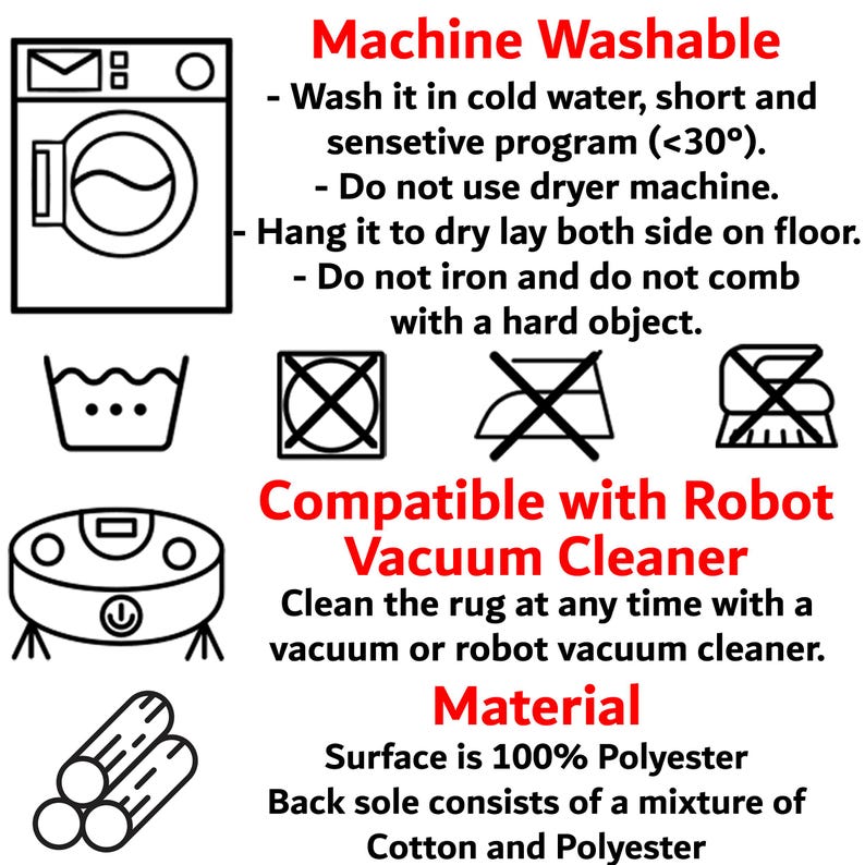 instructions for washing and maintaining a machine, as well as information about a compatible vacuum cleaner and a material.