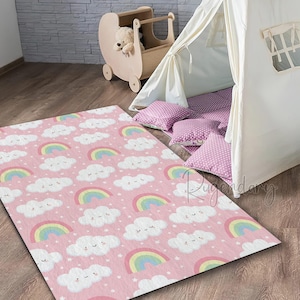 Rainbow and Cloud Themed Nursery Rug, Pink Baby Girl Room Rug, Children Room Carpet, Baby Play Mat, Custom Nursery Rug, Baby Shower Decor